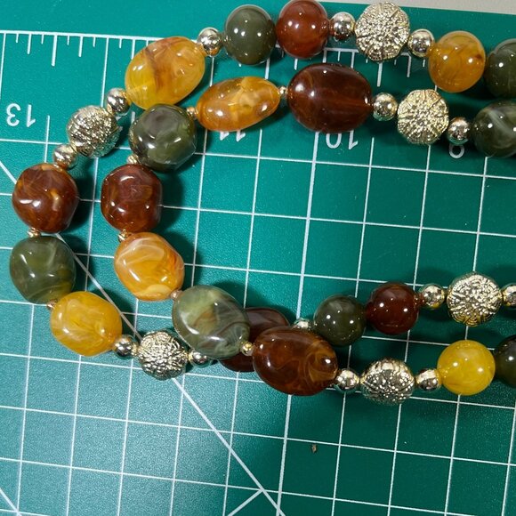 Vtg Amber-Like Beaded Earth tone Necklace Gold-Toned Accents Double-Strand 18" - Picture 6 of 7